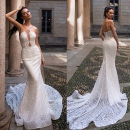 2020 Modest Idtorez Beautiful Mermaid Wedding Dresses Spaghetti Sleeveless Criss Cross Lace Applique Wedding Gown Sweep Train robe de mariée