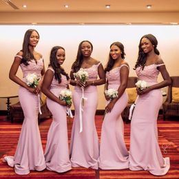 African Mermaid Bridesmaid Dresses Blush Pink Off The Shoulder Appliques lace And Satin Wedding Party Gowns Black Girls Maid Of The Honour Dr