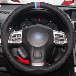 DIY Hand sewing Black Genuine Leather Blue Red Marker Steering Wheel Cover for Subaru Forester XV 2013-2015 Legacy Outback 2013-2014