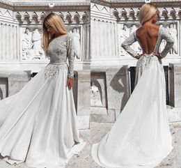 Long Sleeves Backless Lace Chiffon Prom Dresses Slash Neck Sequins Beading Floor Length Sexy Evening Gowns Party Dresses