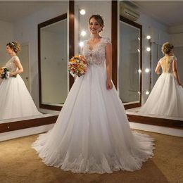 V-neck See Though Back Wedding Dresses A-line Lace Applique Short Sleeve Beach Wedding Dress Bridal Gowns Plus Size Empire Waist Party Dress