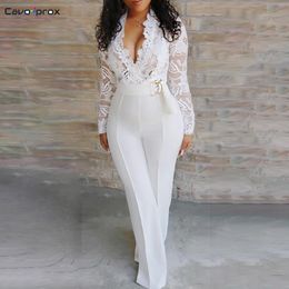 Women Plunge V-neck Lace Bodice Insert Bodycon Wide Leg Jumpsuit Solid Casual Elegant White Long Sleeve Jumpsuits