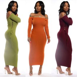 Women long sleeve sweater one-piece dress fashion stretchy solid Colour skirt Casual package hip skirt sexy strapless dress night clubs 2290