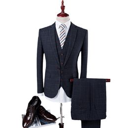 2019 Dark Navy Mens Suits Tweed Wool Cheque Suits Regular Fit Groom Tuxedos Custom Made Plaid Wedding Tuxedos Formal Dress