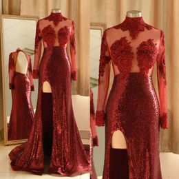 Neck Bury 2020 Evening Dresses Sparkly Sequins High Slit Mermaid Sexy Backless Sweep Train Long Sleeves Formal Prom Party Gown