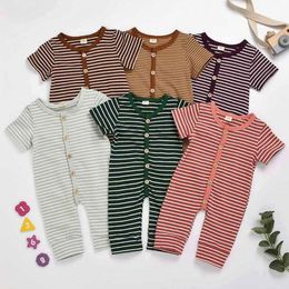Baby Clothes Kids Striped Rompers Boys Girls Cotton Jumpsuits Infant Summer Casual Short Sleeve Buttons Bodysuits Onesies Climb Suit BYP571