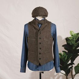 2019 Brown Wool Groom Vests Slim Fit Notch Lapel British Style Single breasted Men's Suit Vest Wedding Waistcoat