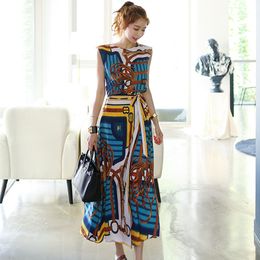 New Fashion Designer 2 Piece Set Women's Sleeveless Vintage Printed Chiffon Dovetail Shirt Top+Lace-up Long Skirts 2Pcs Set