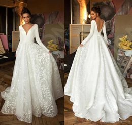Sexy Vintage Lace Satin Wedding Dresses Deep V Neck Long Sleeve Backless Wedding Dress Bridal Gowns Appliques Robe de mariee