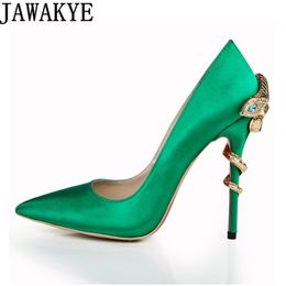 Satin Gold mental snake heel dress shoe women unique silk genuine leather pointed toe high heels pumps chaussures femme 2018