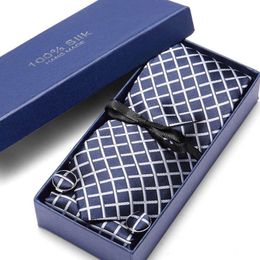 Woven Classic Men Tie Necktie Navy Blue Plaid 3"100% Silk Pocket Square Party Wedding Handkerchief Cufflinks Tie Set