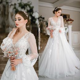 -2020 Modest Elegant A-Linie Brautkleider V-Ausschnitt Puff-Hülsen-Spitze-Hochzeits-Kleid-Schleife-Zug-robe de mariée