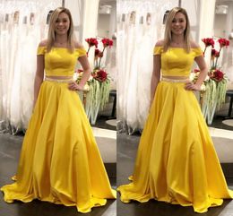 2019 Cheap Yellow Prom Dresses 2 Piece Off The Shoulder Cutaway Side Beaded Sashes Formal Elegant Evening Party Special Occasion Dress