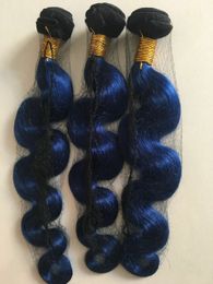 Ombre Blue Bundles Dark Roots Blue Brazilian Human Hair Weave Deal Unprocessed