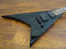 Custom 24 Jack Char RR Randy V Black Flying V Electric Guitar, Copy EMG Pickup, Black Hardware, Pearl Shark Fin Inlay, Slant Birdge