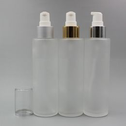 120ML Empty Frost Glass Spray Fine Mist Bottle 4Oz Refillable Round Glass Cream Pump Dispenser Gold Silver Collar with Aluminium Sprayer