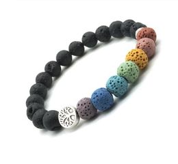 Tree of Life 8mm Colourful Seven Chakras Black Lava Stone Bracelet DIY Aromatherapy Essential Oil Diffuser Bracelet Yoga Jewellery GD79