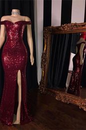 Sexy Split Side Mermaid Prom Dresses Off The Shoulder Sparkly Sequin Long Evening Gowns Robe De Mariage ED1355