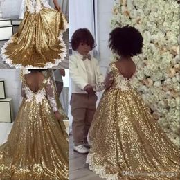 Champagne Sparkly 2019 Flower Girls Dresses For Wedding Backless Lace Applique Long Sleeves Kids Prom Dresses Wedding Party Dress Vestidos