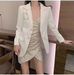 New design women's sweet pink Colour rhinestone patchwork shinny buttons pin patchwork personality medium long blazer suit coat SML