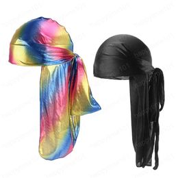 Silky Durags Men Durag Long Tail Doo Rag Black And Colourful BreathableTurban Pirate Solid Headwear 2pcs/lot