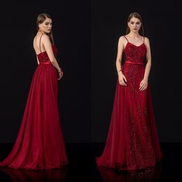 New Dark Red Evening Dresses With Detachable Train Spaghetti Lace Appliques Prom Dress Sequins Tiered Runway Fashion vestido de novia