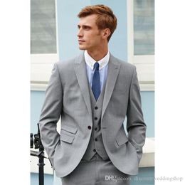 Stylish Light Grey Groom Tuxedos Peak Lapel Men Wedding Clothes Prom Blazer Party Suits (Jacket+Pants+Vest+Tie) J671