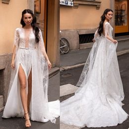 Modest Idaorez Simple A Line Wedding Dresses Jewel Short Sleeve Backless Side Split Lace Applique Wedding Gowns Sweep Train robe de mariée