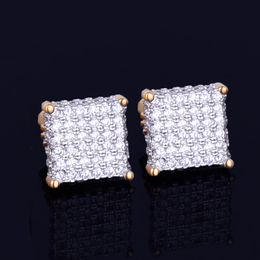 New 8mm Square Stud Earring for Men and Women's Charm Ice Out CZ Stone Rock Street 18k Gold Plated Silver Color