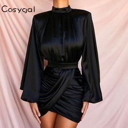 COSYGAL 2019 Club Sexy Dresses Women Night Party Bodycon Black Dress Mock-Turtleneck Long Sleeve Dresses Vestidos