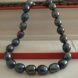 Free shipping STUNNING 9-10MM TAHITIAN BLAC GREEN PEARL NECKLACE 18INCH