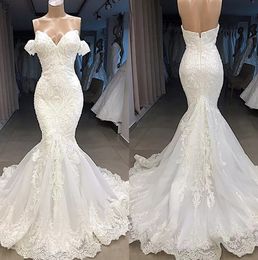 2019 Lace Mermaid Wedding Dresses Off The Shoulder Tulle Applique Sweep Train Wedding Bridal Gowns robes de mariée