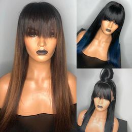 Synthetic Wigs High Quality Blue Wig Ombre Lace Front Bang Wig Coloured Synthetic Hair Cos Wigs with Bang 13x4 Brown Colour Straight Lace Frontal Wigs