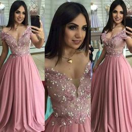 New Arabic A Line Prom Dresses Off Shoulder Illusion Pink Lace Pearls Chiffon Long Plus Size Party Gowns Vestidos Formal Evening Dress Wear