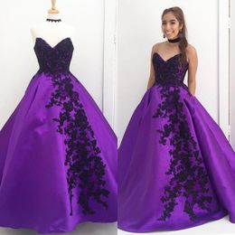 Black Lace Appliques Purple Prom Dresses Long Formal Dress Sweetheart Sleeveless Floor Length A-line Satin Evening Gowns Party Wear
