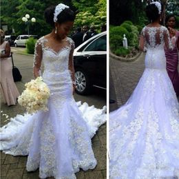 2019 African Robe De Mariage Mermaid Full Lace Wedding Dress Plus Size Bridal Gowns Sheer Long Sleeves Country Wedding Party Gowns