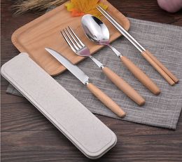 Stainless Steel Wooden Handle Knife Fork Spoon Chopsticks Set Travel Portable Tableware Set Free Shipping WB1168