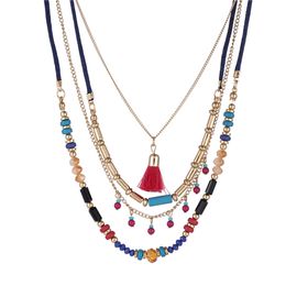 Bohemian MultiColor Layers Necklaces Colorful Beads Tassel Maxi Long Ethnic Chain Jewelry Statement Necklace For Women Collar