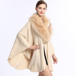 Europe Autumn Winter Plus Size Women's Knitted Cape Cloak Coat Faux Fox Fur Collar Outwear Ponchos Lady's Cardigan Poncho Coat C4007