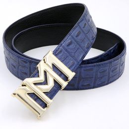 Deep blue fashion luxury crocodile cowhide genuine leather men woman designer belt exaggerated double letter M needle buckle 7 Colours 120cm