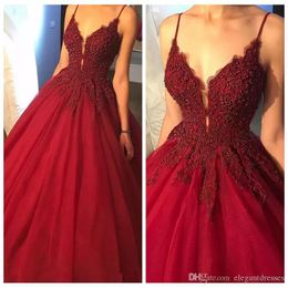 Sexy Red A-Line Quinceanera Dress Lace Spaghetti Straps Beaded Long Formal Party Gowns sweet 15 dress Vestidos De Soiree vestidos de noche