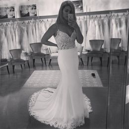 Sexy Fitted Long Formal Mermaid Wedding Dresses Beaded Spaghetti Straps Open Back Lace Appliques Bridal Gowns with Court Train