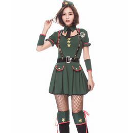 Green Women Military Special Agent Costume Sexy Police Uniform Halloween Cosplay Instructor Suit Anime Army Officer Mini Dress