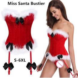 Halloween Christmas Plus Size S-6XL Miss Santa White Fur Trim Bows Red Zip-up Corset Bustier with Wide Band Satin Lace-up And 2 Garters