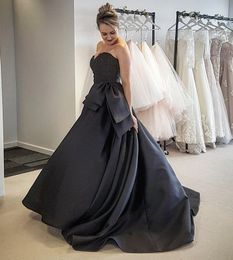 Simple Vintage Black Satin Gothic Colourful Wedding Dresses Strapless Sweetheart Beading Top Non Traditional Bridal Gown With Colour Bow