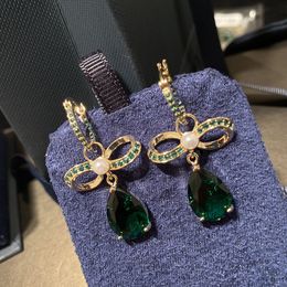 Fashion-Pearl Bow Hoop Earrings For Women 2020 Hot Green Crystal Water Drop Earring Brand Designer Silver Wedding Earings Rings