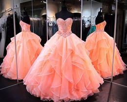 Coral Quinceanera Dresses Sweetheart Masquerade Ball Gowns Crystal Beaded Corset Organza Ruffles Floor Length Long Sweet 16 Prom Gowns HY404