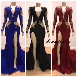 Mermaid Prom Dresses 2019 Gold Lace Evening Dress Party Gowns Long Sleeve Special Occasion Dress Front Split 2k19 Black Girl Couple Day