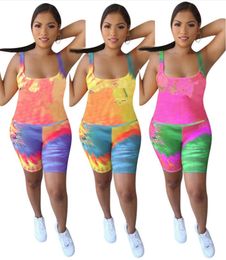 Plus size 3XL Summer women tie-dye two piece set sleeveless tank top vest shorts trendy outfits jogger suit casual letter sportswear 3309