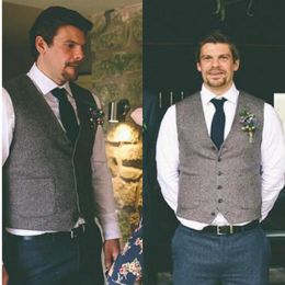 Wool Groom Vests 2019 Vintage Pockets Men's Suit Vests Slim Fit Men's Dress Vests Wedding Dresses Waistcoat Tweed Herringbone